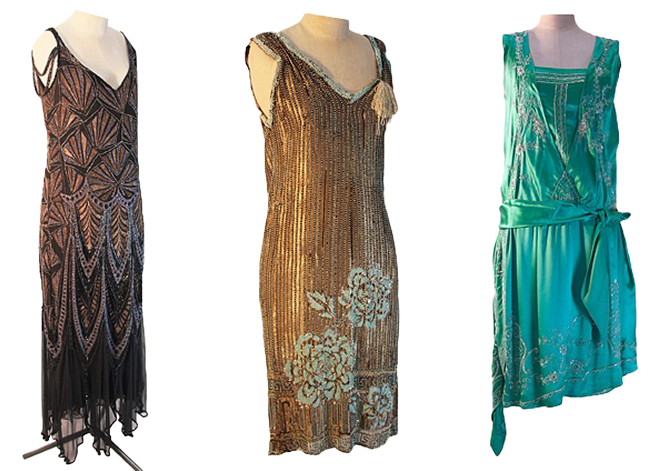 there are three evening dresses in the picture, an ankle-length black dress with gold and bronze embroidery, a dress made of beige silk with gold and turquoise tinsel. the gold tinsel was used to make three roses. the last dress is made of turquoise silk with silver pearl embroidery and a bow at the lower waist