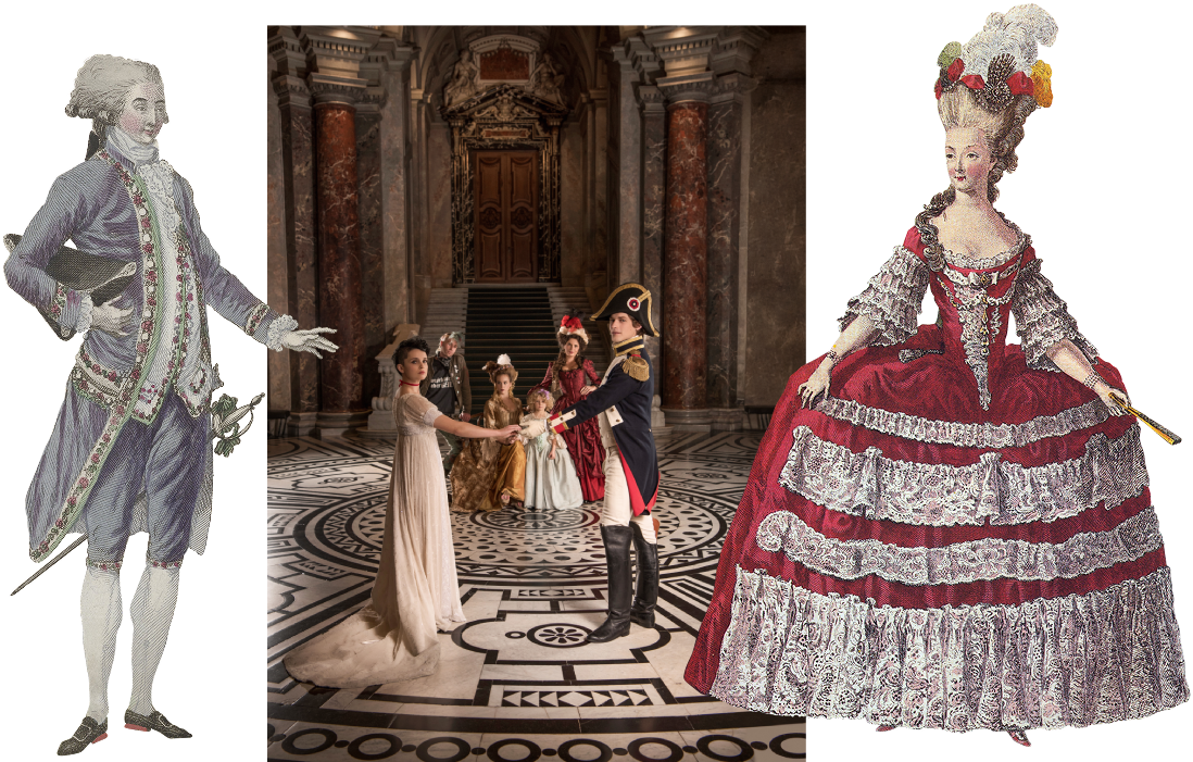 rokoko and regency fashion inspired advertising photo shoot at khm vienna by fashion stylist katalina sasdy. there are four people in the background, two ladies, each in yellow and red rococo dresses, a little girl in a light blue rococo dress and a punk in a provocative outfit with raised green hair. a soldier in the uniform of the napoleonic army is standing in front of the group and holding the hand of a lady in a white empire dress and black shaved hair.