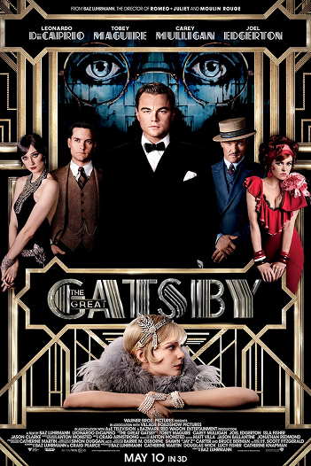 the great gatsby with leonardo dicaprio. movie poster with all actors in 1920s outfit.