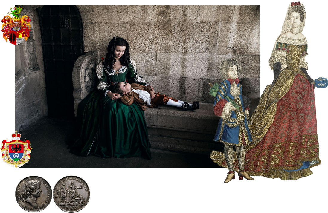 zrinyi ilona and rakoczi ferenc inspired advertising photo shoot at the castle of liechtenstein by fashion historian and stylist katalina sasdy. helena zrinski is sitting on a stone bench on the terrace of the castle with her little son rakoczi ferenc II. the boy is lying in his mothers lap. they are looking at eachother lovingly. both of them are wearing costumes in stlye of the 17th century.