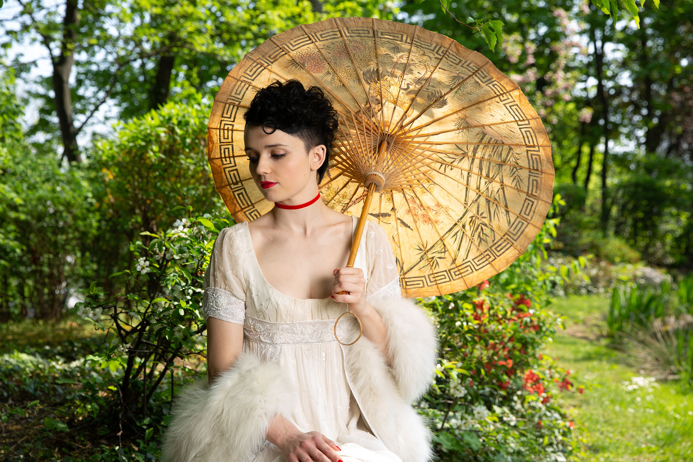 directoire fashion inspired darbo advertisng photo shoot in setagaya park by fashion historian and stylist katalina sasdy. a lady in a white empire dress with white fur stole and a red velvet collar is standing under a cherry tree with a japanese umbrella in her hands. she is wearing the so called titus hairstyle, which means the hair is shaved at the back and includes short curls at the front. she is holding d arbo fruchtikus, decorated with pink flowers in her hand. behind her is a small japanese bridge.