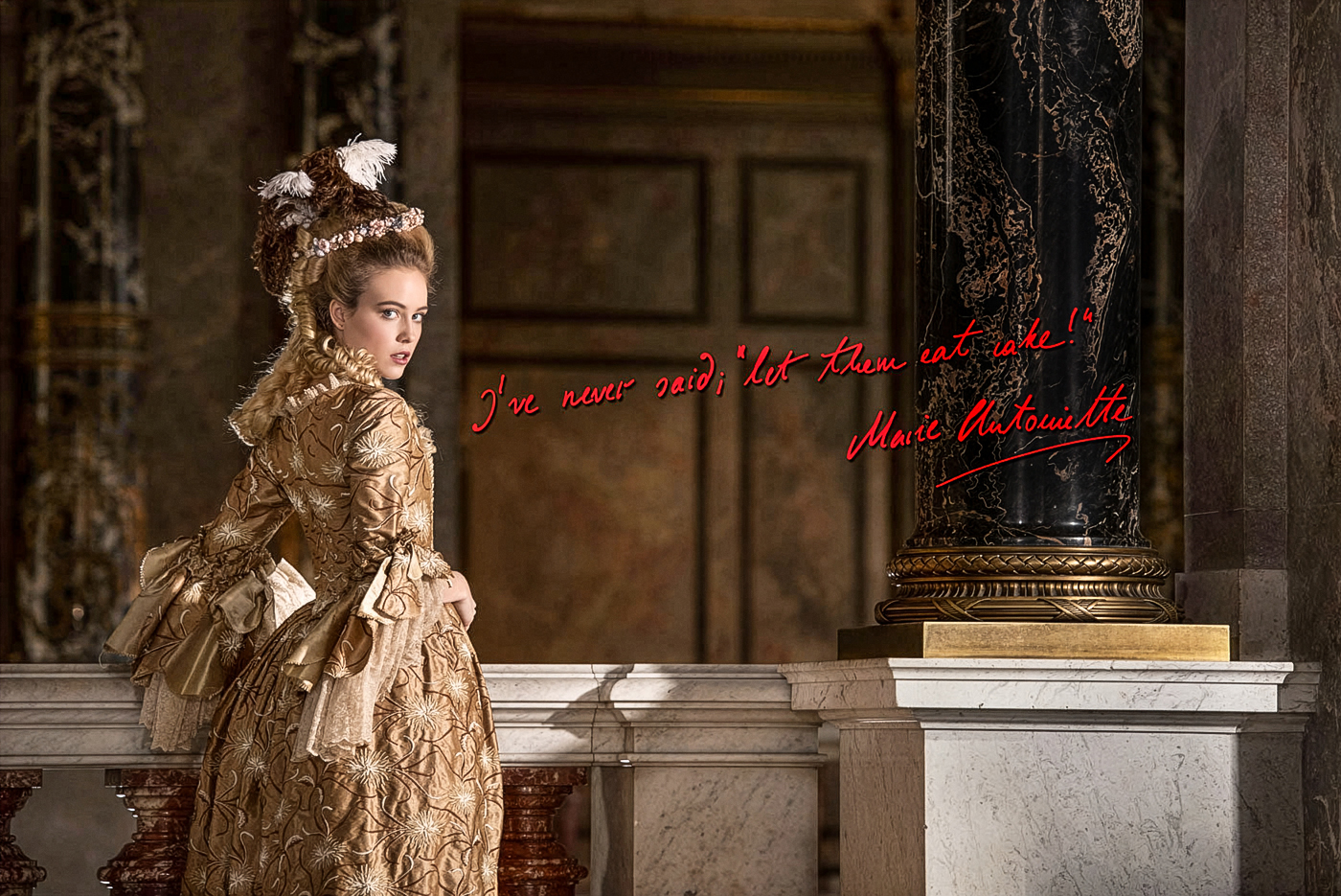 french revolution inspired advertising photo shoot in khm vienna by fashion stylist katalina sasdy. marie antoinette is standing on the terrace in a yellow silk rococo dress. her hair is in the fashion of pouf hairstyles of the 18th century. she is looking directly into the camera.
