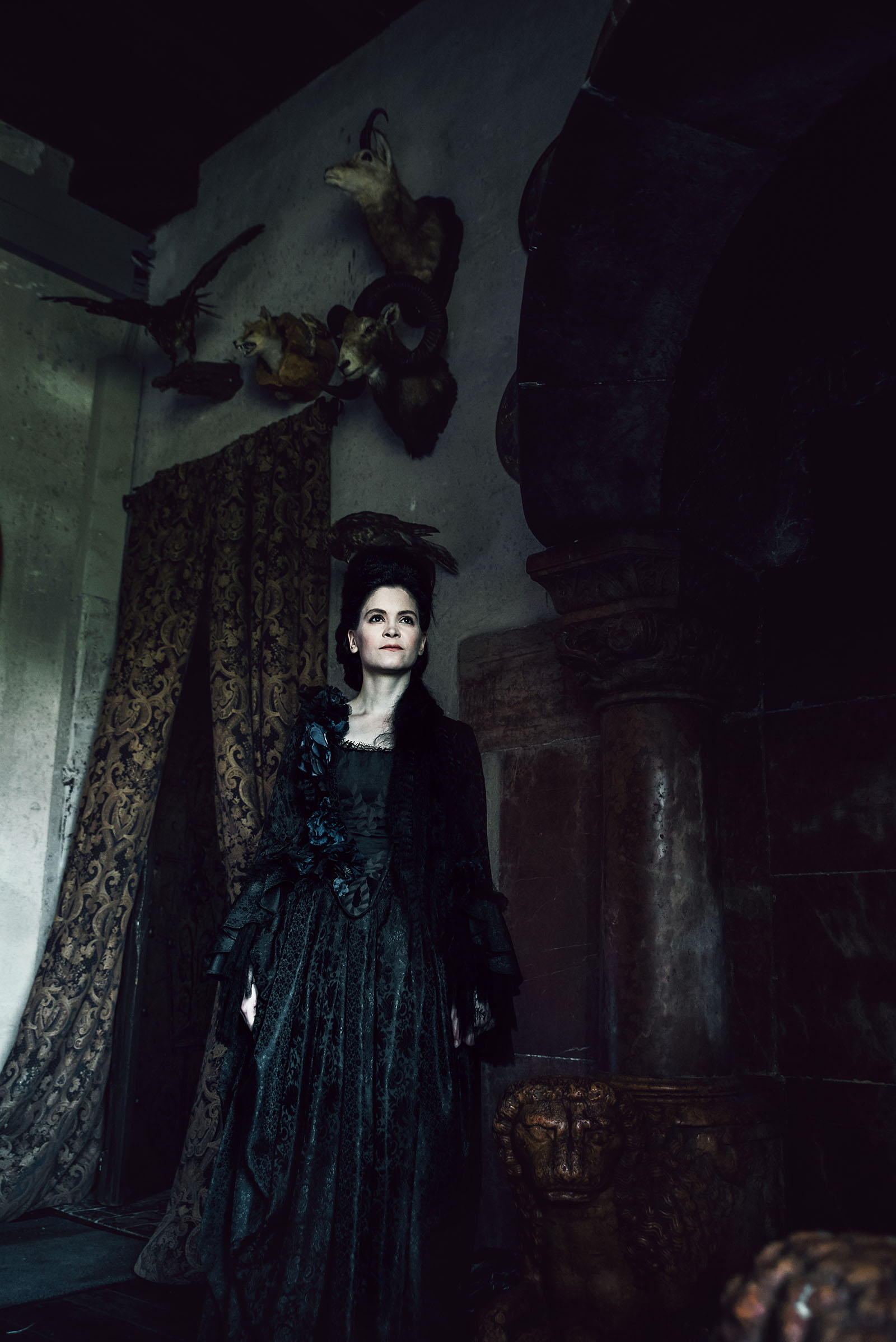 halloween inspired advertising photo shoot at the castle of liechtenstein by fashion stylist katalina sasdy. a lady wearing a black rococo dress is standing in a room of the castle, in front of a door curtain, next to a fireplace. on the wall are a stuffed fox, a bird and an ibex. her hair is pinned up in rococo style.