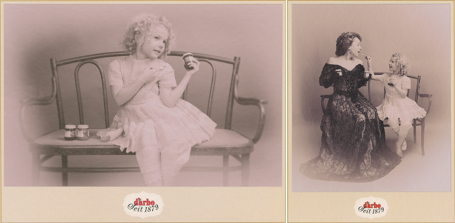 19th century fashion inspired darbo advertising photo shoot by fashion historian and stylist katalina sasdy. a little girl with blonde curls and flower wreath is sitting on a wooden bench with d arbo products and a spoon in her hands. she is wearing a light pink dress with white lace underpants and pink ballerina shoes. 