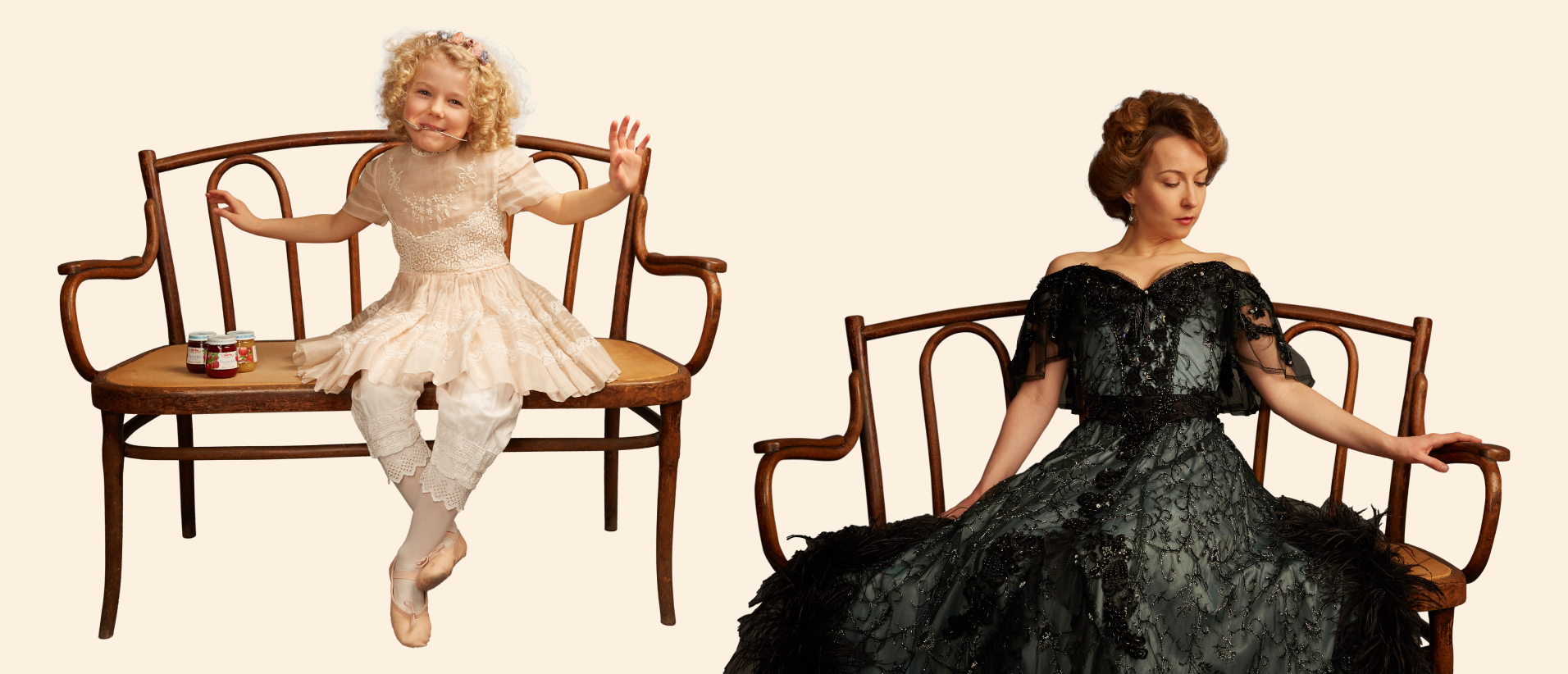 19th century fashion inspired darbo advertising photo shoot by fashion stylist katalina sasdy. a little girl with blonde curls and flower wreath is sitting on a wooden bench with d arbo products. she is wearing a light pink dress with white lace underpants. her arms are spread out and she smiles mischievously with a spoon in her mouth.
