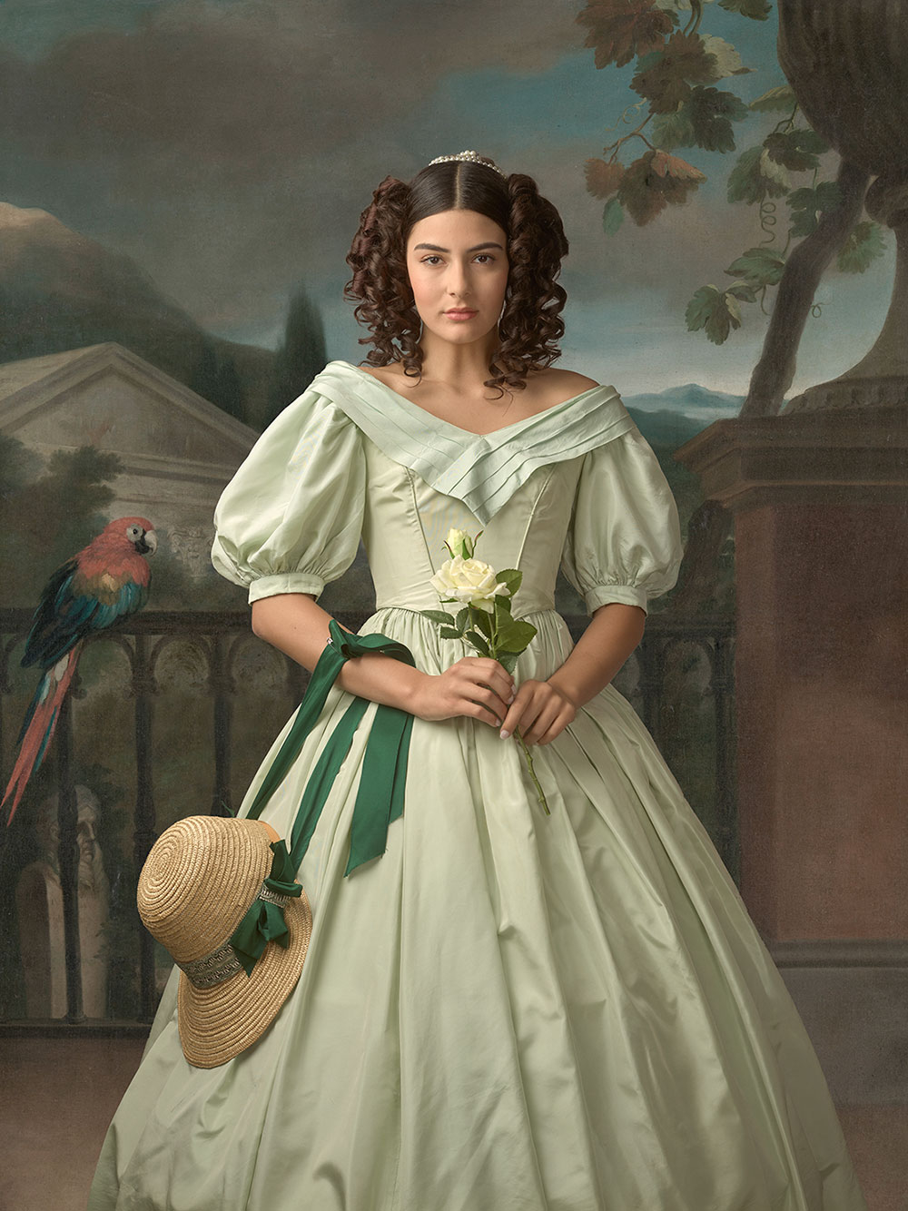 19th century fashion inspired advertising photo shoot in rijksmuseum amsterdam by fashion stylist katalina sasdy. the model is standing in front of the rijksmuseums painting with a green ribbed straw hut and white roses in her hands. she is wearing a light green biedermeier gown produced by lambert hofer. her curly dark brown hair is styled in the fashion of the 1840s. she has a center parting at the front with curls on both sides. a knot is tied at the back of her head, woven with pearls.