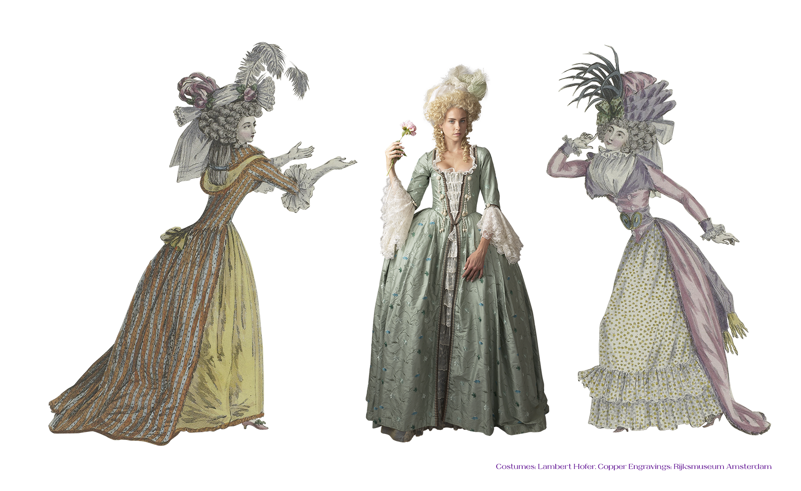 18th century fashion inspired advertising photo shoot in rijksmuseum amsterdam by art director and fashion stylist katalina sasdy. the model is standing in in the middle of the picture, between two ladies, with a pink rose in her hands. she is wearing a light blue rococo gown produced by lambert hofer. the ruffled sleeves are made of white lace. she is wearing a blonde hedgehog wig with a scarf and feathers. the two ladies are made of cupper engravings. they are both showing to the lady in the light blue rococo gown.