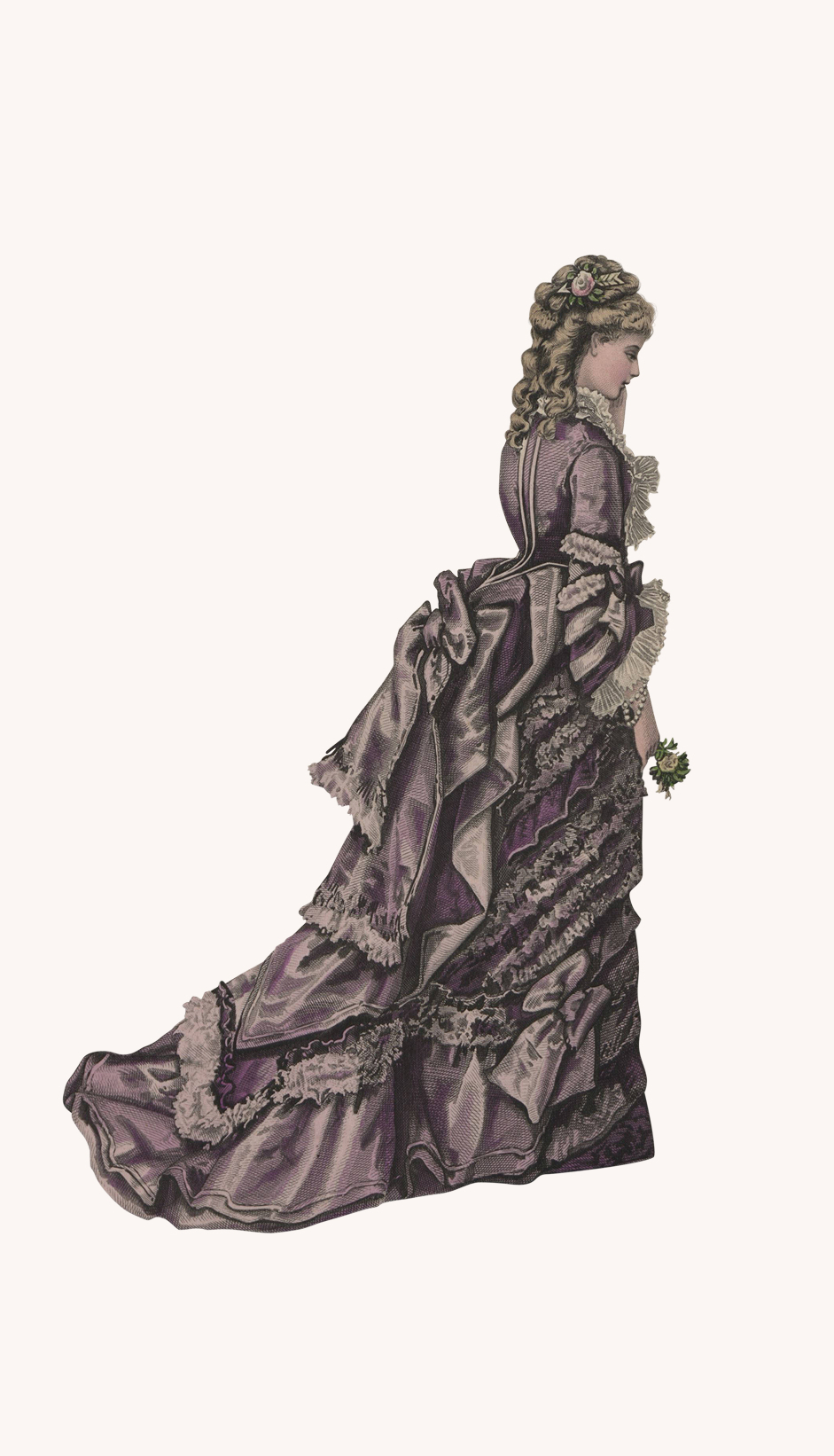 a lady with blonde braided hair is wearing a violet tournure dress full of ruffles from the 1870s. her blonde hair is braided and pinned up. the picture is in profile, so the tournure is very visible.