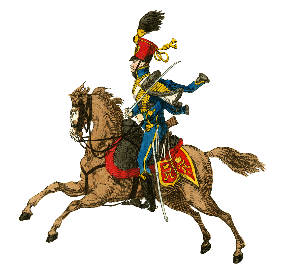 the hussar of the hungarian revolution of 1848 wears a blue uniform with a red headdress and black boots. he is riding a brown horse.